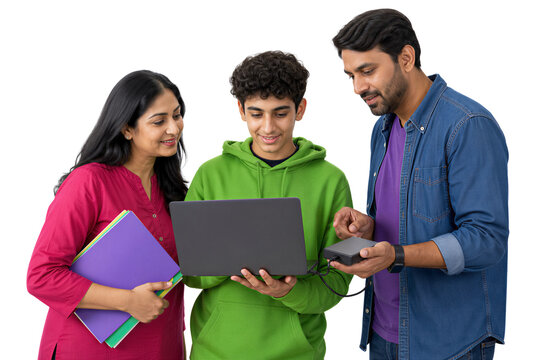 Family helping teenager with laptop connected to external drive. Education, technology, learning, home study, digital device, parental support.