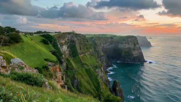 Premium 4K resolution stock footage capturing the dramatic majesty of the world-famous Cliffs of Moher in County Clare Ireland filmed during a mystical misty dusk with atmospheric coastal fog