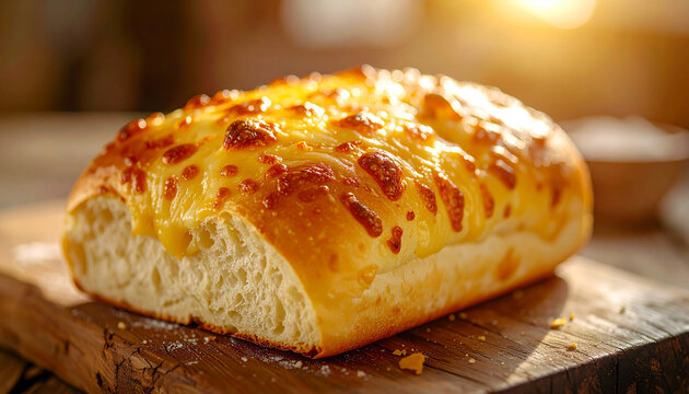 Fresh homemade cheese bread with bubbling golden cheese, rustic wooden table, appetizing savory food. Tasty snack. Close-up.