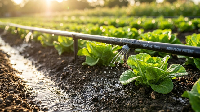 Drip irrigation system watering lettuce plants in a modern agricultural field during golden hour sunlight
