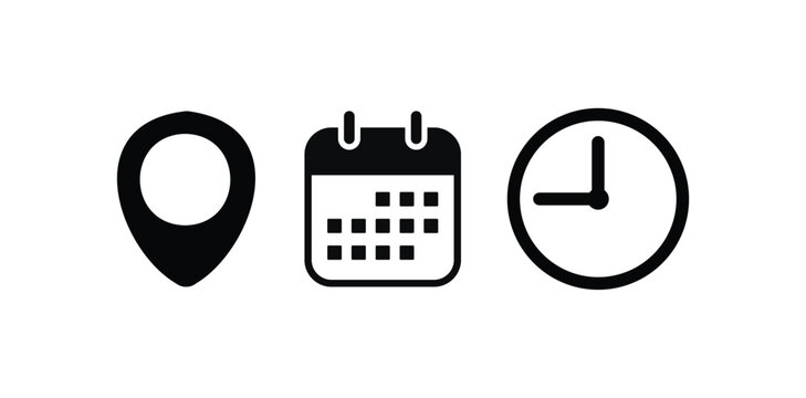 date time location icon set. map pin calendar and clock symbols for event schedule navigation