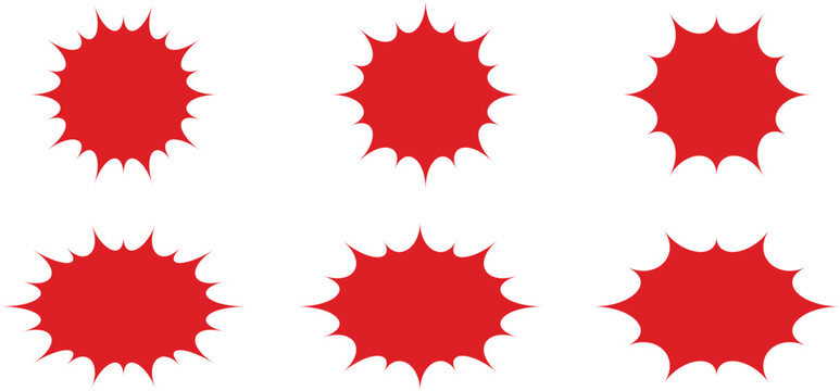 Red comic burst icon set. spiky explosion starburst speech bubble. discount sales promotion template