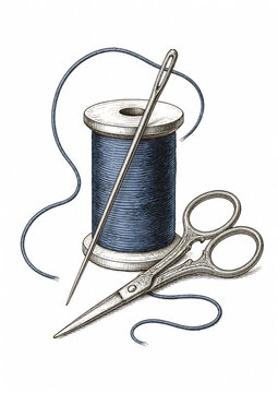Blue sewing spool and scissors with loose thread illustration