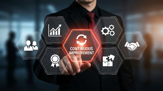 Businessman Touching Continuous Improvement Virtual Kaizen Management Interface
