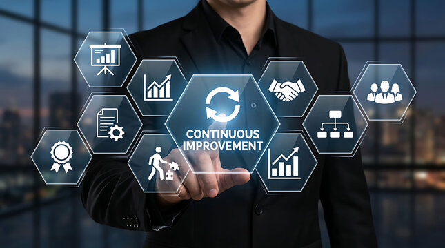 Businessman Touching Continuous Improvement Virtual Kaizen Management Interface