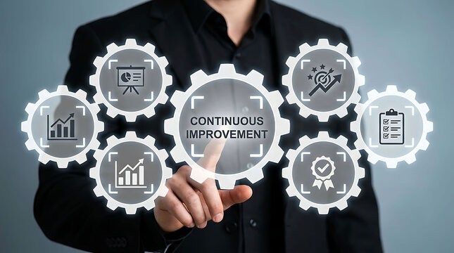 Businessman Touching Continuous Improvement Gears Virtual Process Interface