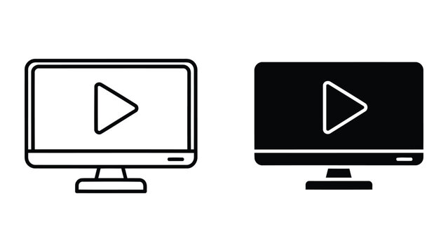 Computer monitor with play button vector icon for video streaming and media player UI
