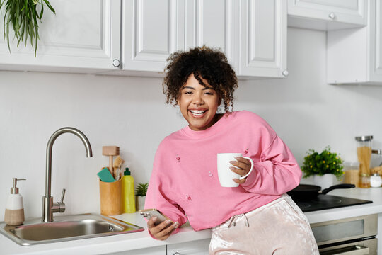 Joyful moments at home with a young woman enjoying her coffee