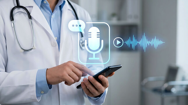 Doctor Using Voice Assistant Medical Speech Recognition On Smartphone
