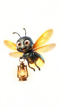 Cute 3D firefly character flying with glowing wings and holding a vintage lit lantern, conceptual image for guidance, hope, light, and magic.