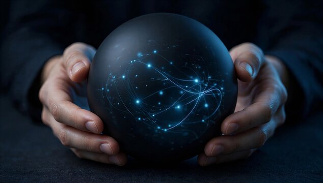 Hands hold a glowing data sphere, symbolizing predictive analytics, future forecast, and insight from pattern in data.