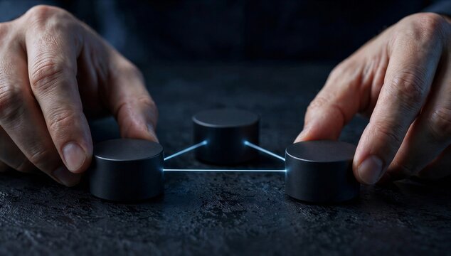 Hands adjust a small network node on a dark desk, symbolizing server network setup, data link, and digital infrastructure.
