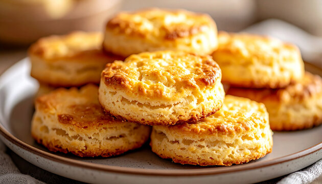 Homemade golden biscuits, crumbly buttery texture, softly blurred background, delicious bakery snack, tasty sweet food. Close-up.