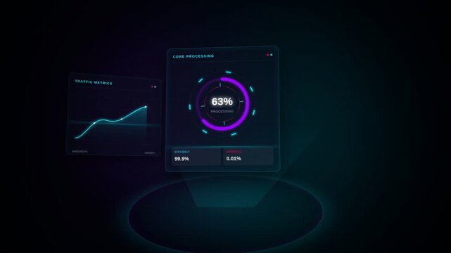 Futuristic 3d holographic user interface with data processing metrics network node topology, for advanced digital transformation, artificial intelligence, cybersecurity, cloud computing
