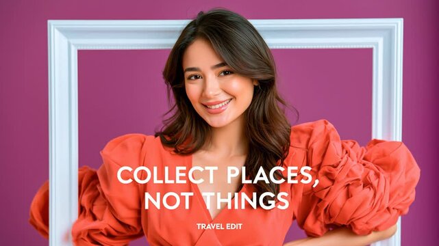 travel poster, Stylish woman in an elegant orange dress standing within a white frame against a magenta background, with inspirational text &ldquo;Collect Places, Not Things.&rdquo;