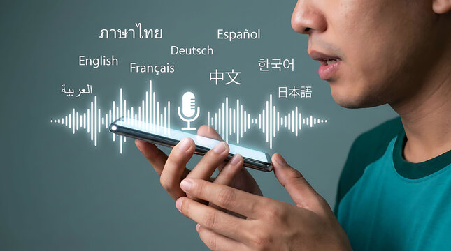 Man Using Smartphone For Multi Language Voice Translation