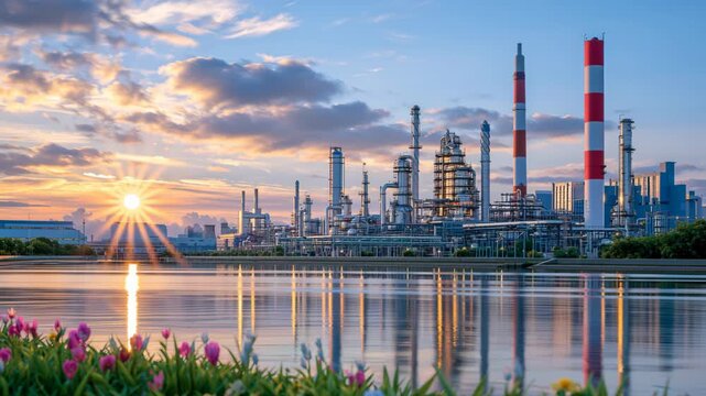 Modern oil refinery and petrochemical plant beside calm water at sunset, with industrial towers, pipelines and smokestacks reflecting golden evening light and dramatic clouds.