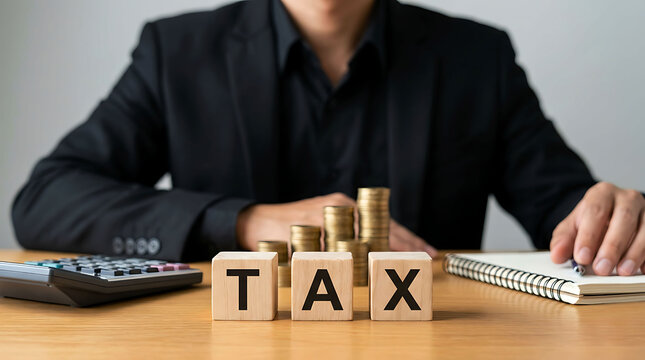 Businessman calculating corporate tax with wooden blocks and coin stacks
