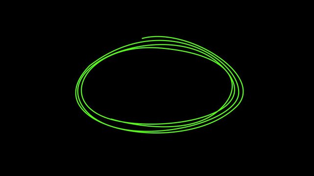 Hand-drawn green scribble oval animation appearing gradually on a black background. Ideal as a highlight effect, text frame, emphasis element, or visual doodle overlay for educational videos. 4k video