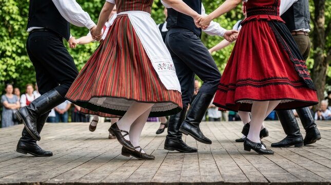 Traditional European Folk Dancers in Colorful Costumes Performing on a Wooden Stage at an Outdoor Cultural Festival
