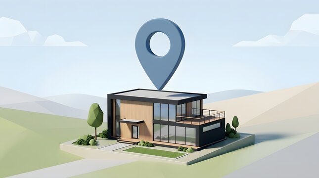 Modern house model with a location pin icon