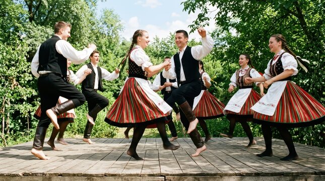 Group of Young People Performing Traditional Folk Dance in Colorful Costumes on Outdoor Wooden Stage