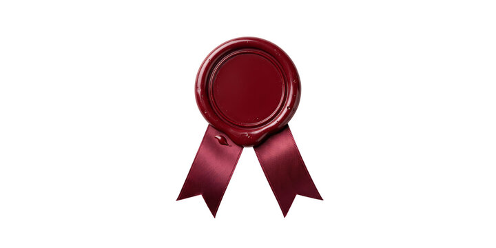 A classic dark red wax seal with ribbons isolated on transparent background