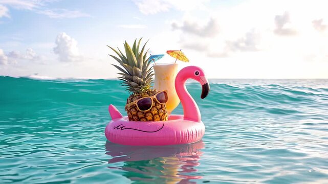 Pineapple wearing sunglasses on pink flamingo float with tropical cocktail in ocean. Summer vacation concept with fruit and drink on water. Panning and tilting camera movement.