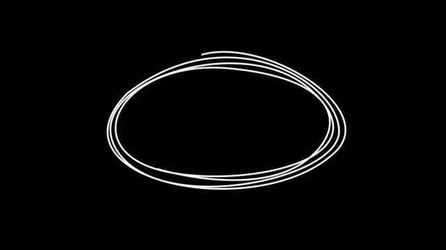 Hand-drawn white scribble oval animation appearing gradually on a black background. Ideal as a highlight effect, text frame, emphasis element, or visual doodle overlay for educational videos,