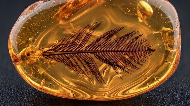 Pluma prehist&oacute;rica atrapada en &aacute;mbar transparente