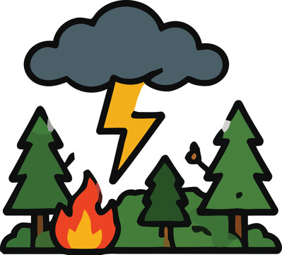 Stylized vector illustration showing a dark thundercloud striking lightning onto a dry forest causing fire