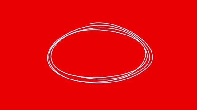 Hand-drawn white scribble oval animation appearing gradually on a red background. Ideal as a highlight effect, text frame, emphasis element, or visual doodle overlay for educational videos,