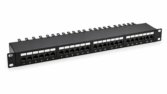 24-Port RJ45 Cat6 Network Patch Panel 1U Rackmount Isolated on White Background