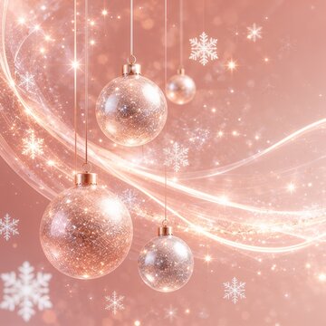 ローズゴールドのクリスマスボールと雪の結晶が輝くピンクの正方形背景