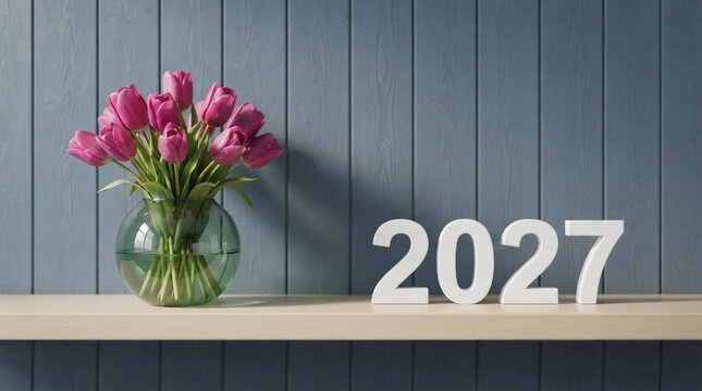 Pink tulips in glass vase beside 2027 year numbers on wooden shelf against blue wall