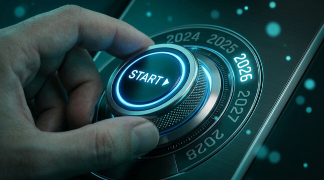 Hand pressing start button on futuristic digital interface with year timeline for future planning and technology concept