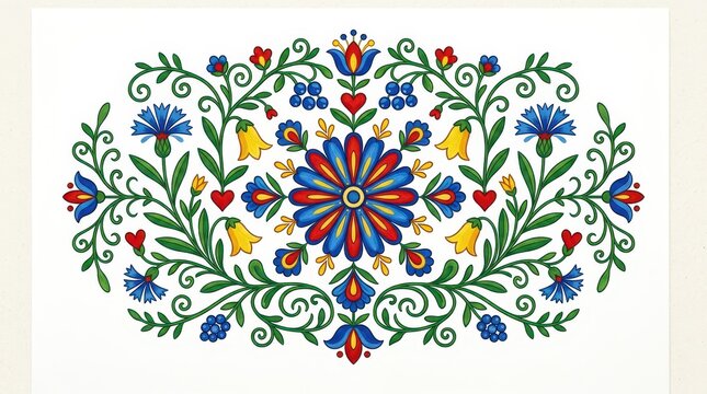Traditional Polish Folk Art Floral Pattern with Colorful Flowers, Hearts, and Leaves on White Background
