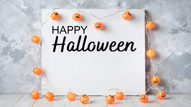 Happy Halloween greeting card with pumpkins and festive autumn decor on chalkboard background
