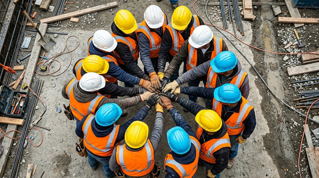 Construction workers in safety gear gather in circle, showing unity and teamwork on active building site