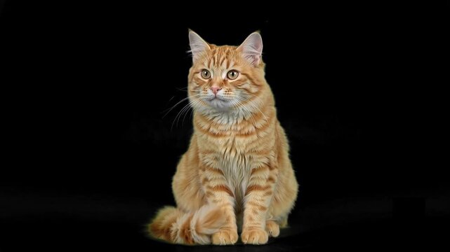 Ginger cat sits calmly against black background
