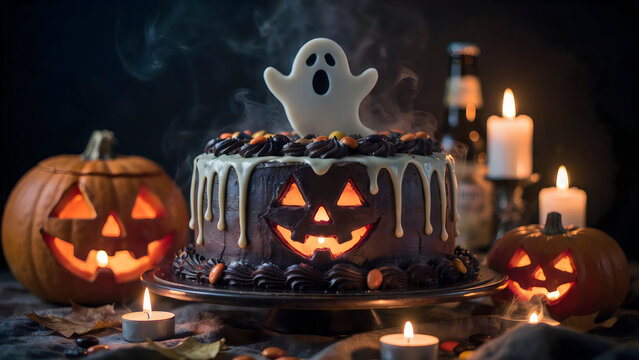 Halloween ghost cake with jack-o-lanterns and spooky black icing on dark table