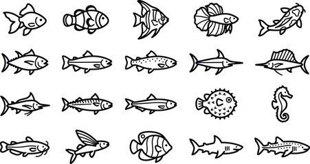 Obraz premium Fish marine animals vector line icons collection isolated