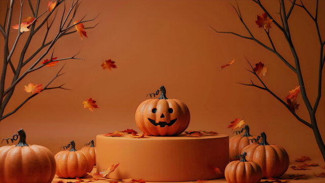 Halloween pumpkin jack-o-lantern trio on wooden crates with autumn leaves and branches backdrop