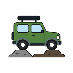 Green Off Road Adventure Vehicle on Rocky Terrain Flat Illustration. Not AI-generated. © Howling