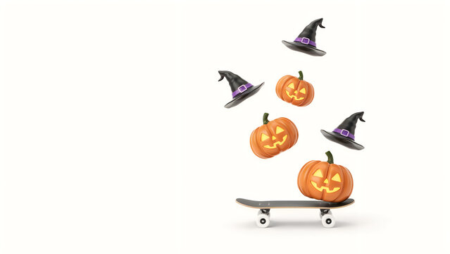 Halloween pumpkins and pirate hats floating above a skateboard on white background