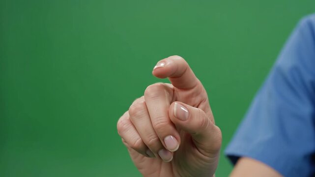 Hand taps play button on green screen