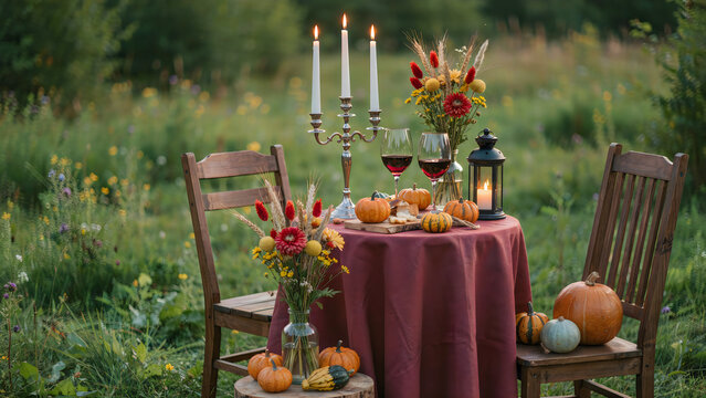 Autumn Halloween dinner party table setting with candles, pumpkins, and rustic decor in outdoor garden