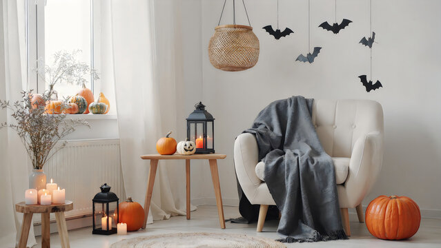 Cozy Halloween living room with woman in gray blanket reading book under bat decorations