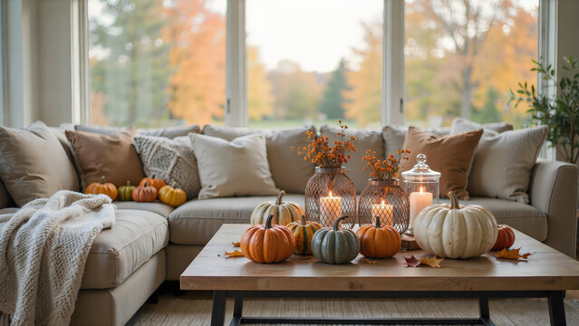 Cozy autumn Halloween living room with pumpkins, candles, and warm fall decor on coffee table