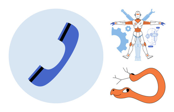Telephone handset, robot anatomy, and cartoon snake vector illustration. Communication, technology, biology, education, wildlife, creativity Phone receiver droid structure reptile